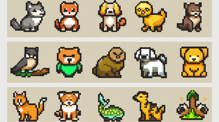 A collection of pixel art animal icons, featuring dogs, cats, birds, and fish. , pixel art, set of icons, game assets