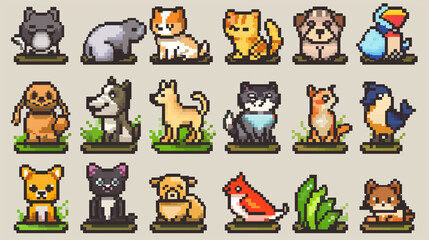 A collection of pixel art animal icons, featuring dogs, cats, birds, and fish. , pixel art, set of icons, game assets