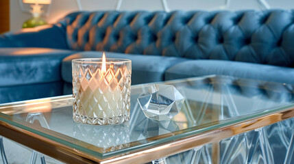 Contemporary faceted glass candle on a transparent glass bench, with a stylish blue leather sofa...