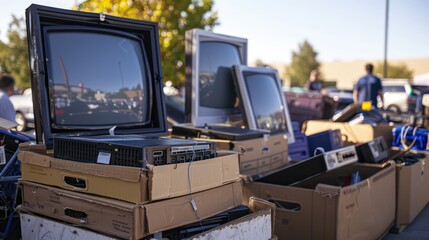 Naklejka premium Electronic Waste Collection Drive: Photograph a community e-waste collection event where residents drop off old electronics for recycling, reducing the amount of e-waste sent to landfills.