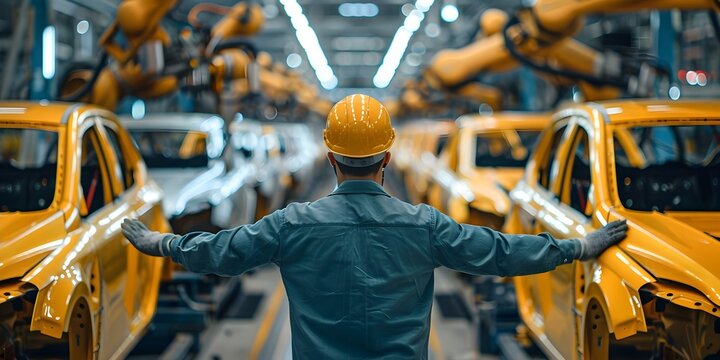 Engineer overseeing robotoperated car assembly in a busy automotive plant. Concept Robotoperated car assembly, Automotive engineering, Factory automation, Robotics in manufacturing