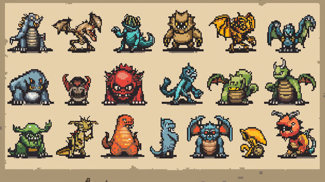 A collection of pixel art icons showing different types of monsters and creatures. , pixel art, set of icons, game assets