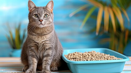 A cat is sitting in front of a blue litter box