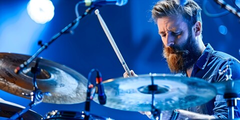 Bearded drummer rehearsing with drumsticks at a music concert. Concept Drummer, Rehearsing,...