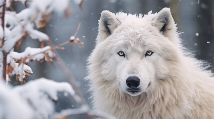 Portrait of white wolf in the winter season background, Photo shot, Wildlife concept - Powered by Adobe