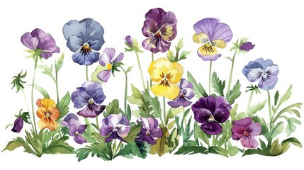 A kawaii water color of a pansy, with cheerful faces, growing in a garden, where fairies dwell, Clipart isolated on white