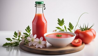 Bouteille et bol de gaspacho avec l&eacute;gumes autour, sur fond blanc