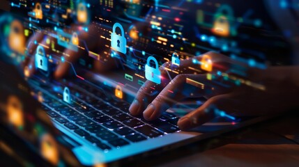A persons hands typing on a laptop keyboard with holographic padlocks and digital security icons floating around