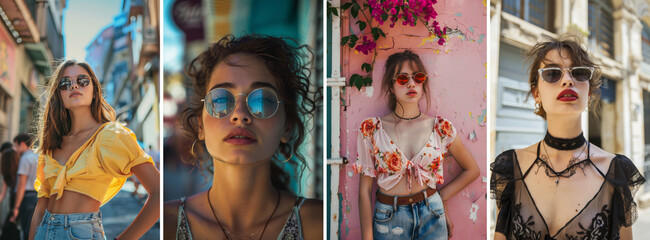 Obraz premium Set of female summer street portraits. Fashionable young woman posing in a street