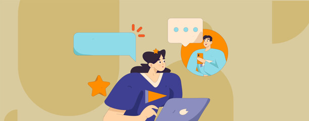 Virtual characters social communication concept business flat vector hand drawn illustration
