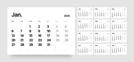 Monthly calendar template for 2025 year. Wall calendar in a minimalist style. Week Starts on Monday. 