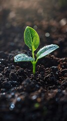 A young seedling emerges from the rich, dark soil, bathed in the light of the morning sun. Dewdrops glisten on the leaves, symbolizing new growth and fresh beginnings in a serene natural setting.