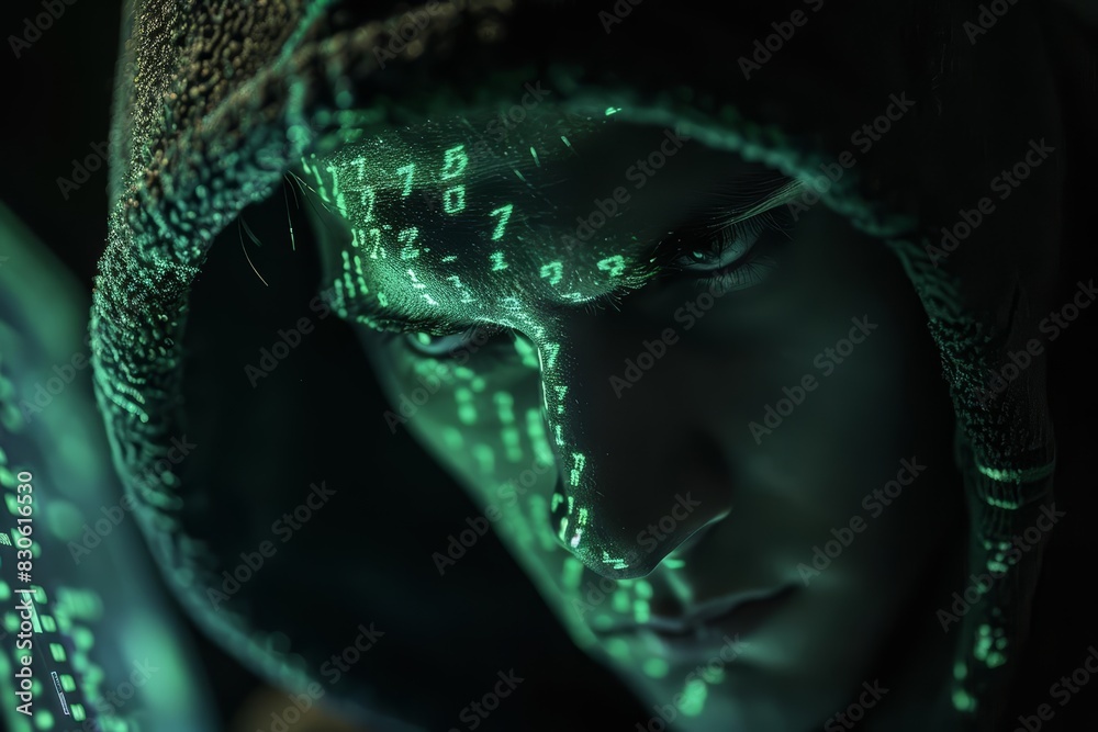 Poster a young hacker wearing a hoodie, working on a computer with green code displayed on the screen, in a