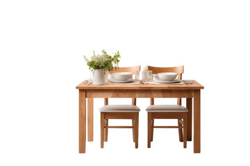 Eternal Conversation: A Wooden Table, Two Chairs, and a Potted Plant on White or PNG Transparent Background.