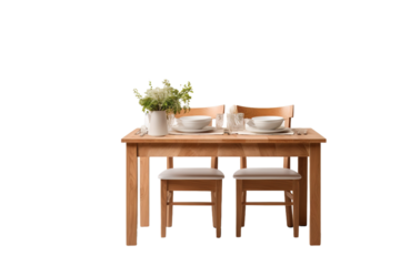 Eternal Conversation: A Wooden Table, Two Chairs, and a Potted Plant on White or PNG Transparent Background.