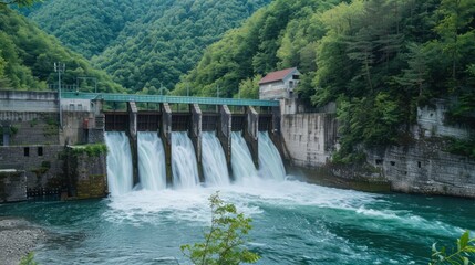 Hydroelectric Power Plant: Document a hydroelectric power plant nestled within natural surroundings, utilizing the power of flowing rivers or waterfalls to produce electricity.