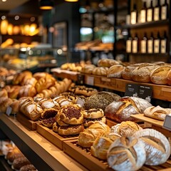 Artisanal Bakery Display with Variety of Freshly Baked Breads and Pastries under Soft Lighting