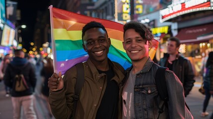 A dark night scene of a city street, where two real gay men of different races, one black and one white, are holding a rainbow flag and smiling. They are looking at the camera with confidence and