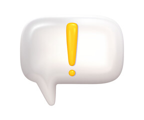 3d yellow exclamation mark on dialogue balloon. Alert or error sign 3d vector render. Exclamation icon mark yellow color on white bubble