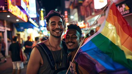 A dark night scene of a city street, where two real gay men of different races, one black and one white, are holding a rainbow flag and smiling. They are looking at the camera with confidence and