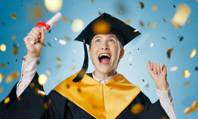 Graduation, success and woman in studio celebration for study achievement, news or education with...