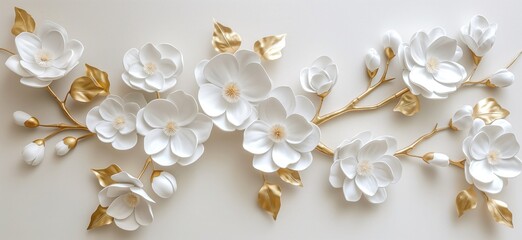 White flowers with golden leaves on white background. White and golden luxury 3d floral background