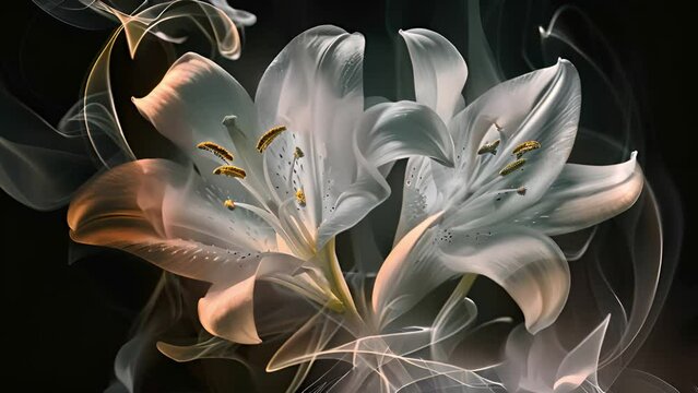 White lily lines on black background. lotus lily water flower in white line on black background smoke moving. Art design 4k video effect Beauty