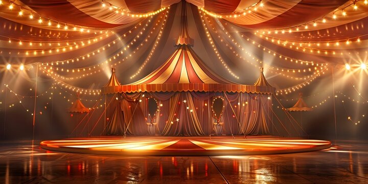 Vibrant circus tent with colorful decorations and lively atmosphere inside. Concept Circus Tent, Colorful Decorations, Lively Atmosphere, Vibrant Setting