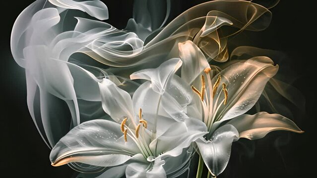 White lily lines on black background. lotus lily water flower in white line on black background smoke moving. Art design 4k video effect Beauty