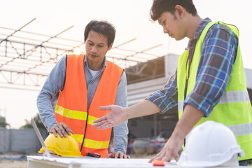 Builder team, hand of two asian young engineer, architect man, male discussing construction, follow project to build  industrial plan on table at site outdoor. Engineering worker, teamwork people.