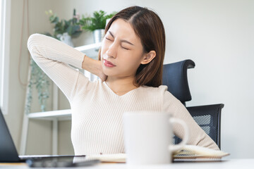 Body muscles stiff problem, ache asian young woman, girl pain back, stretch while sitting work on...