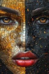 Elegant Abstract Female Portrait in Gold and Black Mosaic Generative AI