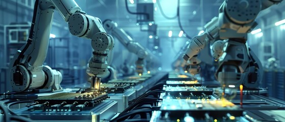 Electronics A hightech assembly line in an electronics factory features robotic arms meticulously soldering components onto circuit boards