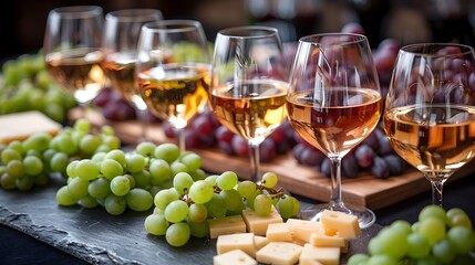 Elegant Wine Tasting Event with Cheese Pairings and Grape Centerpiece on Wooden Table