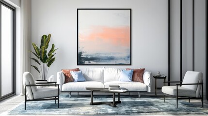 Frame mockup, a dynamic blend of modern art and coastal serenity elevates the room s design, creating harmony