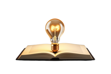 Illuminated Knowledge: A Book of Lightbulbs on White or PNG Transparent Background.