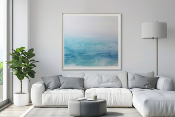 Frame mockup, a serene seascape painting inspires tranquility in any room, blending seamlessly with the minimalist decor