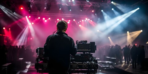 A cameraman operates equipment at an indoor event filming an entertainment show. Concept Event Filming, Indoor Production, Cameraman, Entertainment Show, Equipment Operation