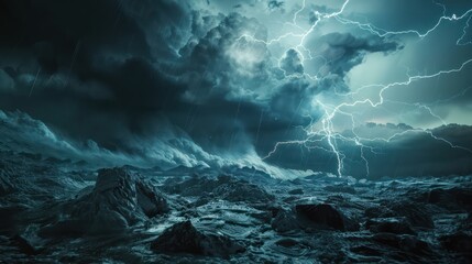 Fototapeta premium Sorrowful Storm: Depict a tumultuous landscape engulfed in dark clouds, jagged lightning, and torrential rain, symbolizing inner turmoil, grief, and emotional unrest. 