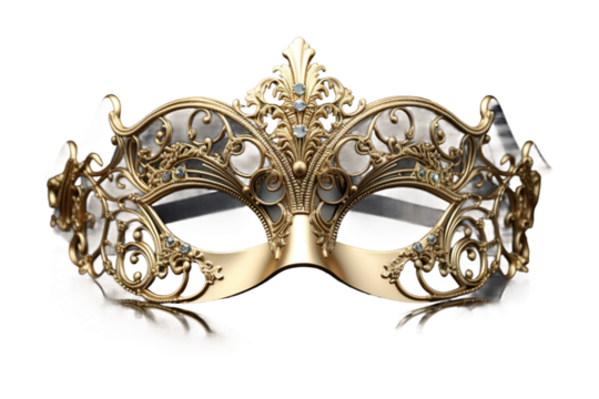 Gilded Elegance: A Gold Masquerade Mask With Intricate Filigrees on White or PNG Transparent Background.