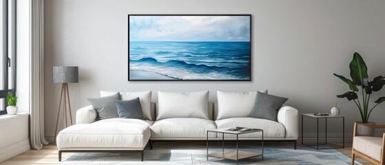 Frame mockup, picture the coastal breeze captured within a contemporary living space, evoking a sense of peace