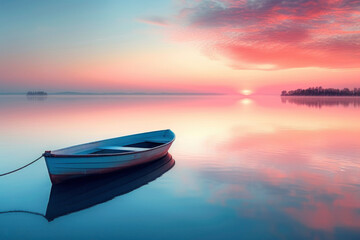 Wooden boat with pink sunset beach horizon background