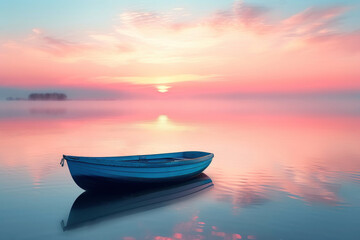 Wooden boat with pink sunrise beach horizon background