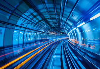 Blurred motion of train moving fast in futuristic Tokyo underground tunnel, blue and white theme, long exposure photography, wide angle 