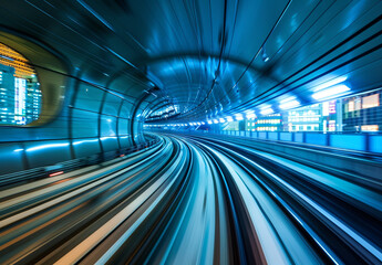 Fototapeta premium Blurred motion of train moving fast in futuristic Tokyo underground tunnel, blue and white theme, long exposure photography, wide angle 