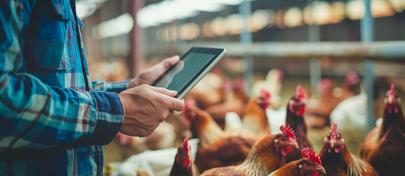 farmer using tablet in the modern indoor chickens farm