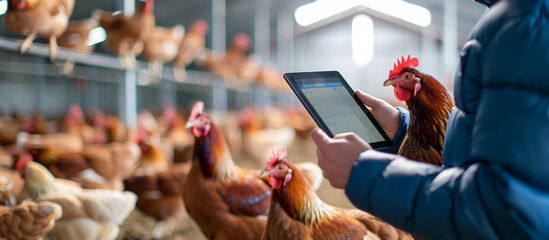 farmer using tablet in the modern indoor chickens farm