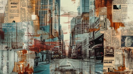 A collage of torn newspaper fragments forms the backdrop for a gritty urban landscape, their faded headlines and blurred images a testament to the transient nature of news and the passage of time.