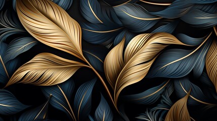 Elegant gold and dark blue leaf pattern design for luxury wallpaper, textiles, and decor. Rich botanical ornament for sophisticated interiors.