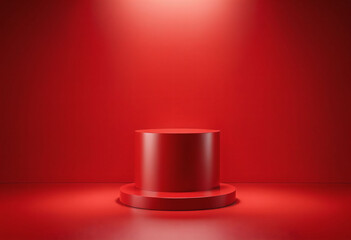 Empty pedestal display on red background with stand for product show or presentation